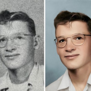 faded newspaper photo with black dots over is fixed, restored and colorized.