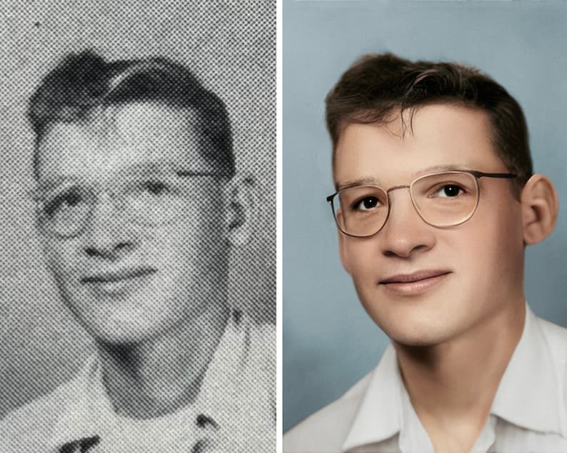 faded newspaper photo with black dots over is fixed, restored and colorized.