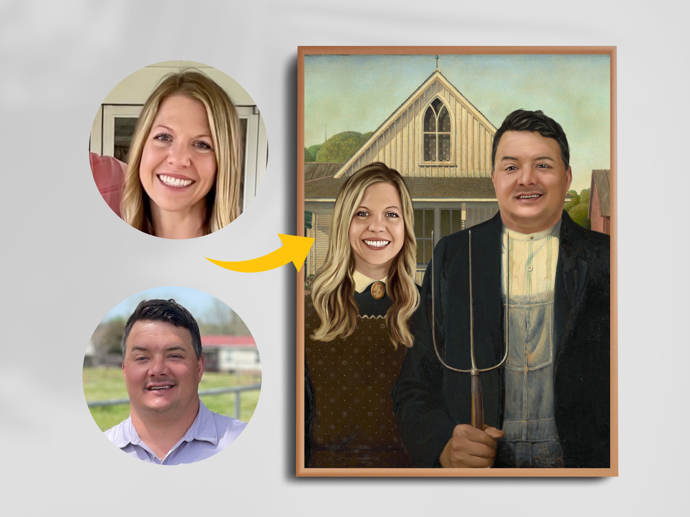 カスタム農夫と妻の写真 - アメリカンゴシックパロディ肖像画、ピッチ