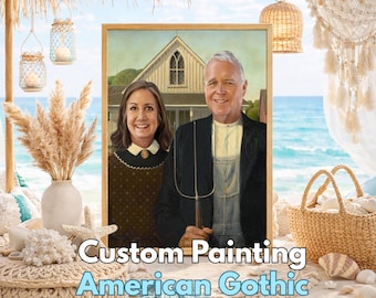 Custom American Gothic Painting – Farmer and Wife Portrait from Photo, Funny Couple Gift