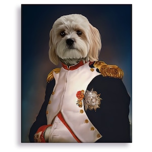 Portret psa Napoleona Bonaparte - niestandardowy królewski obraz przedstawiający zwierzę, płótno z portretami zwierząt w mundurach wojskowych, prezent na pamiątkę psa, sztuka psa na parapetówkę