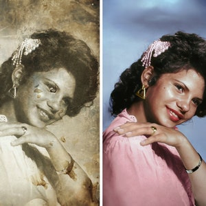 A before and after photo restoration of a woman in a pink dress.