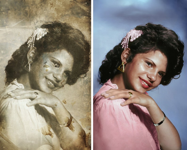 A before and after photo restoration of a woman in a pink dress.