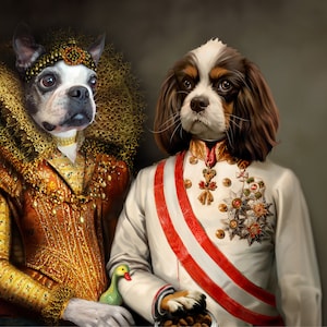 May include: A painting of two dogs dressed in royal attire. The dog on the left is wearing a gold and red gown with a large ruff collar. The dog on the right is wearing a white and red military uniform with a sash and medals. Both dogs are looking at the viewer.