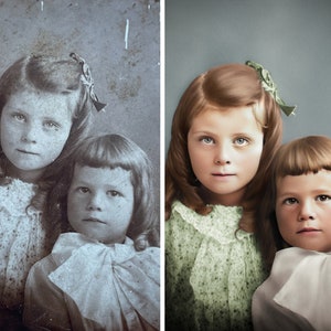 An old, damaged black and white photo alongside a restored and colorized version of the same photo, featuring two young children.