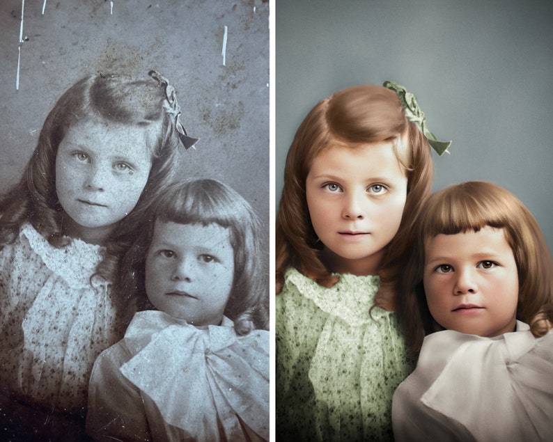 An old, damaged black and white photo alongside a restored and colorized version of the same photo, featuring two young children.