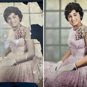 vintage old photo with clear damage signs is fully repaired and recolored by our professional photo restorers