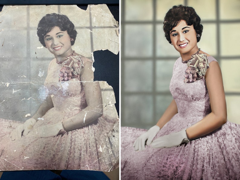 vintage old photo with clear damage signs is fully repaired and recolored by our professional photo restorers