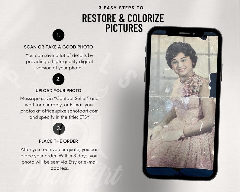 Three easy steps to restore and colorize pictures. Step one: Scan or take a good photo. Step two: Upload your photo and get a quote. Step three: Place the order. Within three days, your photo will be sent to your email address and Etsy for a check-up.