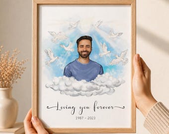 Custom Memorial Heaven Portrait, In Loving Memory Painting, Watercolor Illustration from Photo, Personalized Remembrance Gift for loss