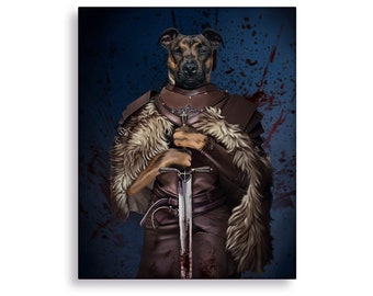 Barbarian Viking Custom Painting from Photo, Medieval Family Portrait, Custom Pet Art Commission, Dog and Cat King Viking Sword Portrait