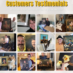May include: A collage of images showing customers holding custom portraits of themselves, their pets, and other loved ones. The portraits are painted in a realistic style and feature a variety of subjects, including people, dogs, cats, and birds. The customers are all smiling and appear to be happy with their portraits.