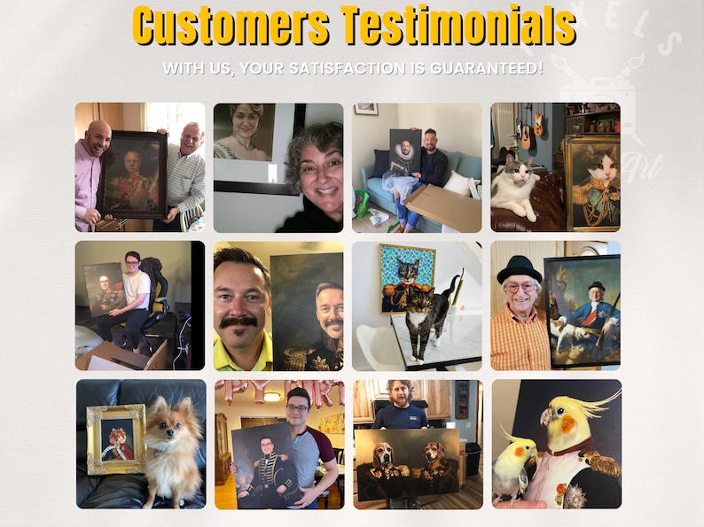 May include: A collage of images showing customers holding custom portraits of themselves, their pets, and other loved ones. The portraits are painted in a realistic style and feature a variety of subjects, including people, dogs, cats, and birds. The customers are all smiling and appear to be happy with their portraits.