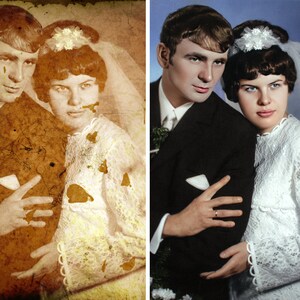 Meticulously restored photograph of a bride and groom during their wedding day.