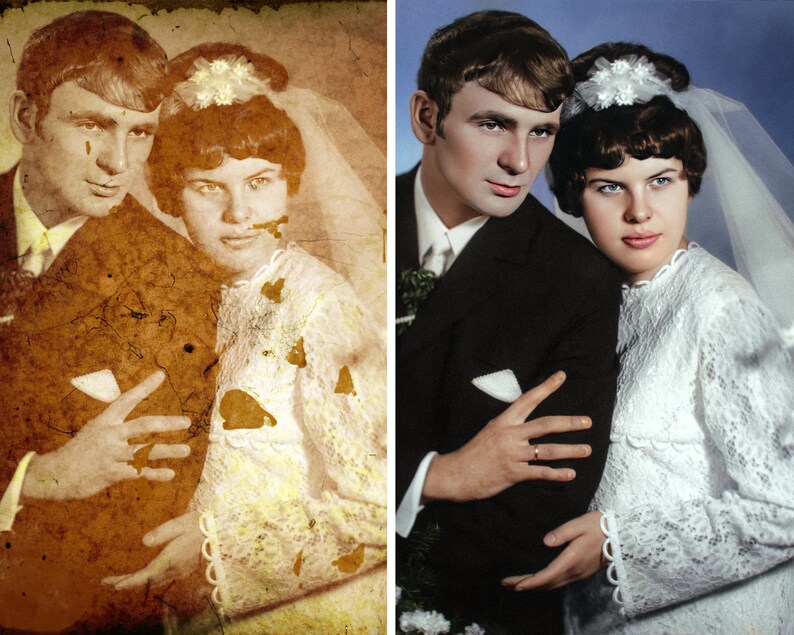 Meticulously restored photograph of a bride and groom during their wedding day.