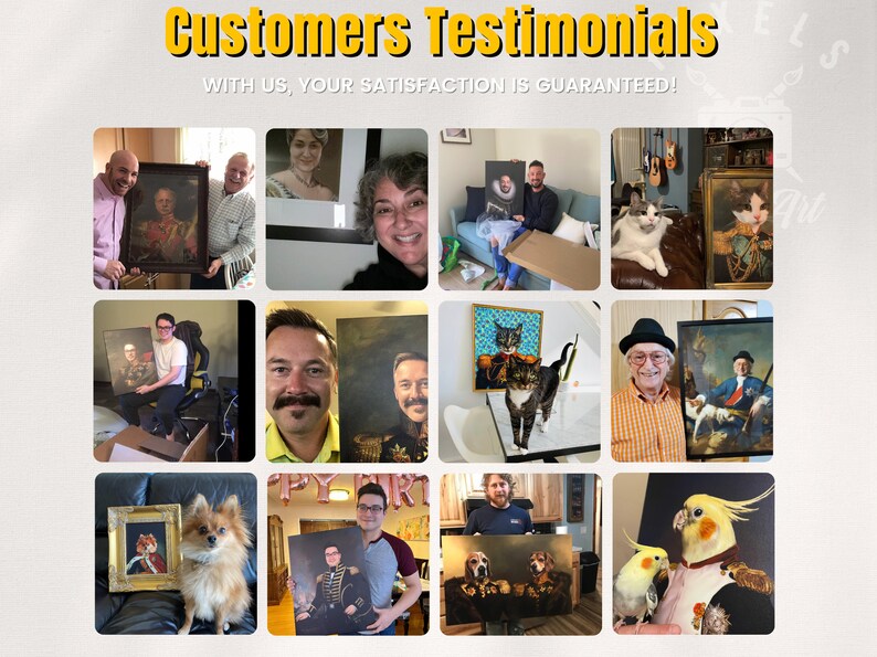 May include: A collage of images showcasing customers holding custom portraits of themselves, their pets, and other loved ones. The portraits are painted in a realistic style and feature a variety of subjects, including people, dogs, cats, and birds. The customers are all smiling and appear to be pleased with their portraits.