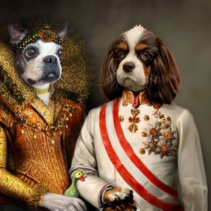 May include: A painting of two dogs dressed in royal attire. The dog on the left is wearing a gold and red dress with a large ruff collar. The dog on the right is wearing a white and red military uniform with a sash and medals. Both dogs are looking at the viewer.