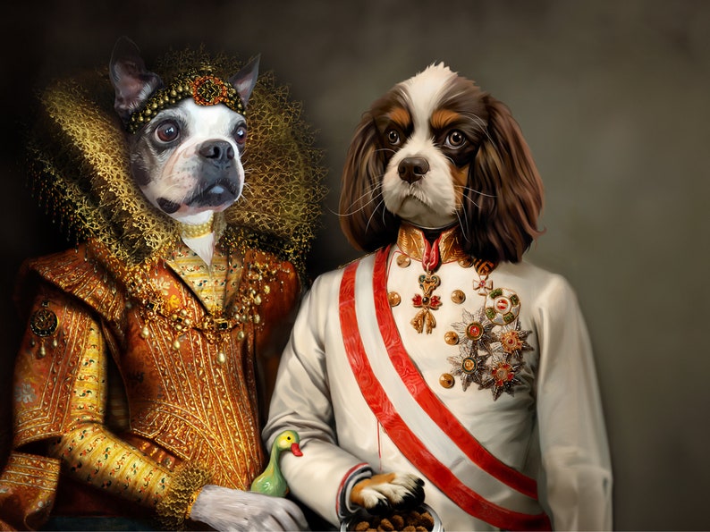 May include: A painting of two dogs dressed in royal attire. The dog on the left is wearing a gold and red dress with a large ruff collar. The dog on the right is wearing a white and red military uniform with a sash and medals. Both dogs are looking at the viewer.