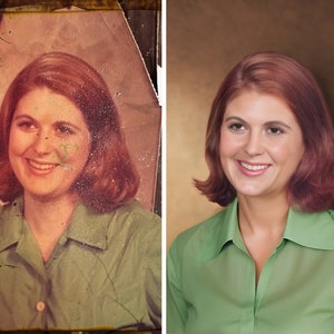 A before and after example of a faded discolored photo that was restored and colorized