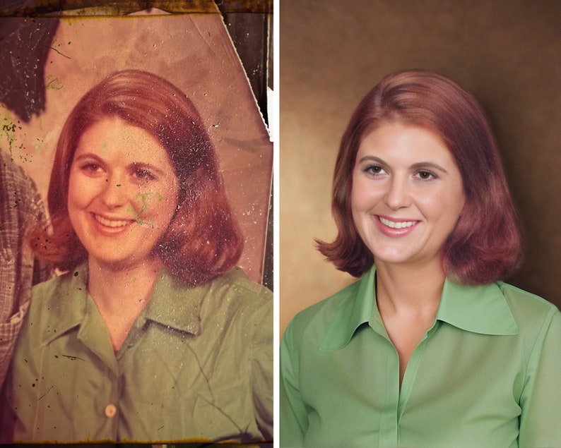 A before and after example of a faded discolored photo that was restored and colorized