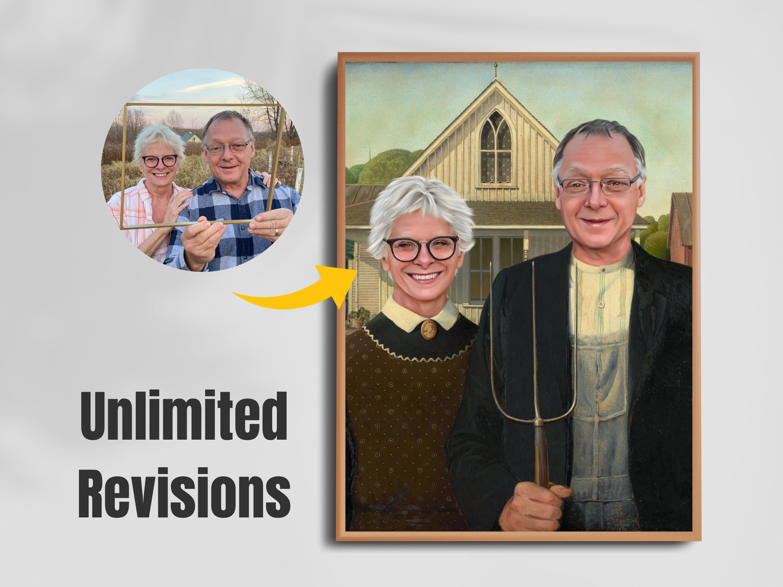 カスタム農夫と妻の写真 - アメリカンゴシックパロディ肖像画、ピッチ