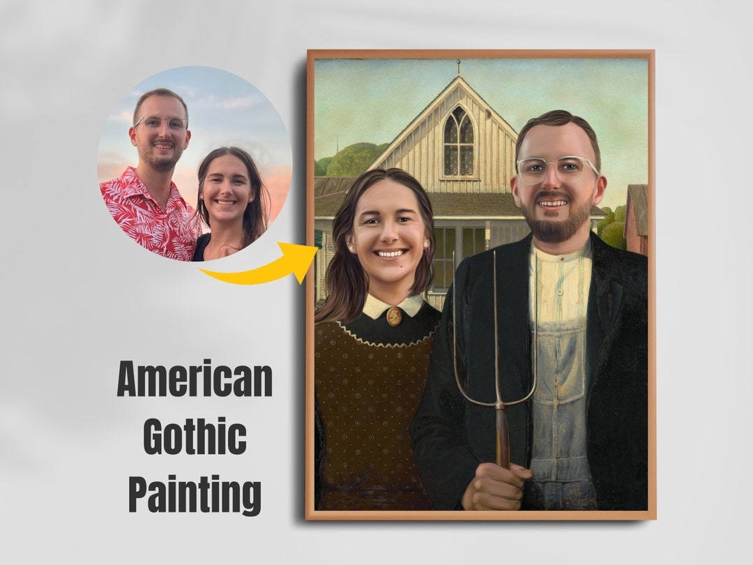 American Gothic Parody Couple Painting, Pitchfork Farmer and Wife