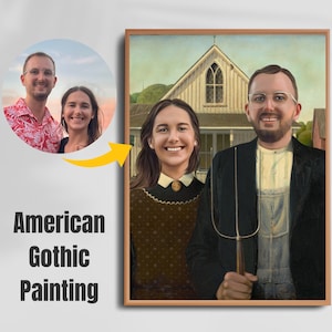 American Gothic Parody Couple Painting, Pitchfork Farmer And Wife Painting, Anniversary Gift for him, her, husband, wife, farmers, ranchers