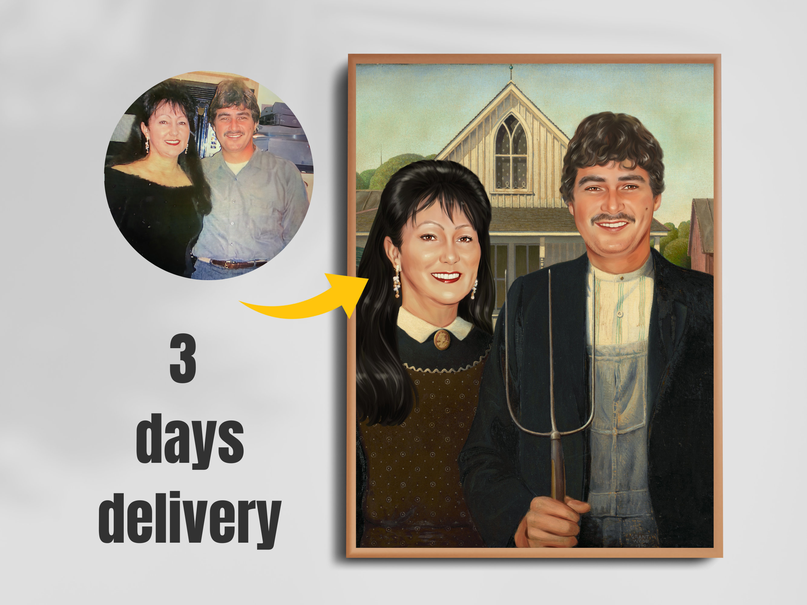 カスタム農夫と妻の写真 - アメリカンゴシックパロディ肖像画、ピッチ