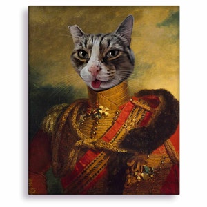 CUSTOM Cat Portrait, military colonel cat portrait, cat gifts for women and cat lovers, custom canvas cat prints wall art, vintage cat