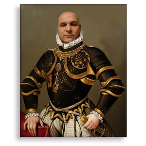 May include: A painting of a person in a black and gold suit of armor with a white collar. The person is holding a sword in their right hand.