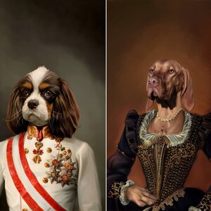 May include: Two dogs dressed in historical attire. A Cavalier King Charles Spaniel wearing a white military uniform with red and gold accents. A brown Vizsla wearing a black and gold dress with a pearl necklace.