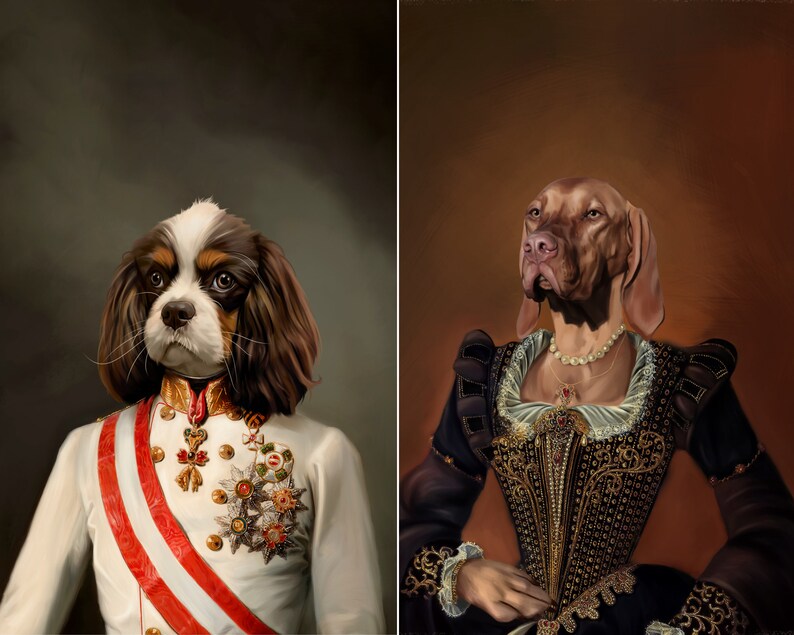 May include: Two dogs dressed in historical attire. A Cavalier King Charles Spaniel wearing a white military uniform with red and gold accents. A brown Vizsla wearing a black and gold dress with a pearl necklace.