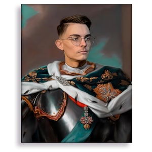 May include: A portrait painting of a person wearing a white and green robe with gold accents and a silver breastplate. The person is wearing glasses and has short brown hair.