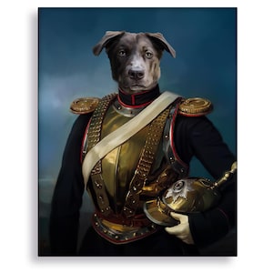 Militär Haustier Portrait von Fotomalerei, Hundekopf auf menschlichen Körper, Hundemalerei Vintage, personalisierte Haustierbesitzer Portrait, Hundegeschenk für Besitzer