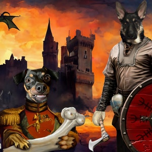 May include: A black and brown dog dressed as a military officer holds a large bone in front of a castle with a dragon flying overhead. A second dog dressed as a warrior stands to the right with a shield and axe.