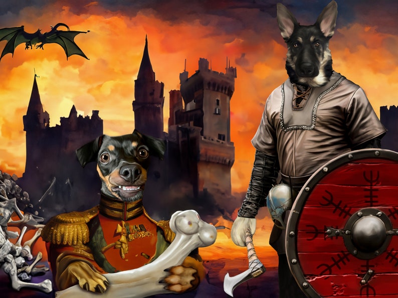 May include: A black and brown dog dressed as a military officer holds a large bone in front of a castle with a dragon flying overhead. A second dog dressed as a warrior stands to the right with a shield and axe.