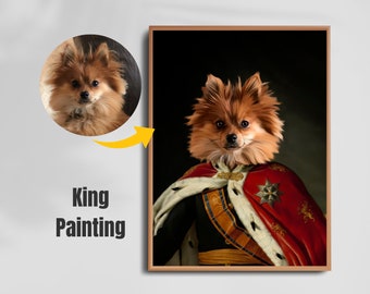 Custom Royal King Pet Portrait Painting Canvas, Renaissance Dog Portrait, Medieval King Portrait from Photo, Wall Art Gift