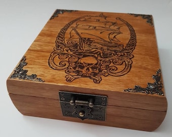 Pirate Ship, Skull n Crossbones wood burned box with secret treasure map!