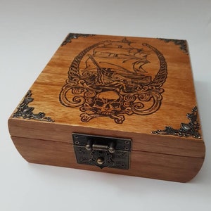 Pirate Ship, Skull n Crossbones wood burned box with secret treasure map!