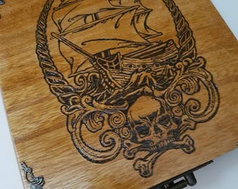 Pirate Ship, Skull n Crossbones wood burned box with secret treasure map!