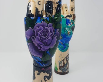 Hand painted Wooden Mannequin Hand, Tattooed Hand, Jewelry Prop, Tattoo Decor