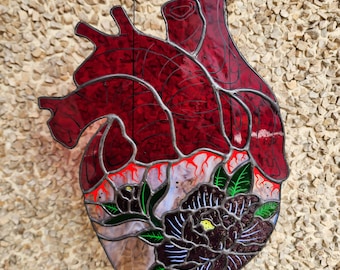 Anatomical Floral Heart Stained Glass Suncatcher