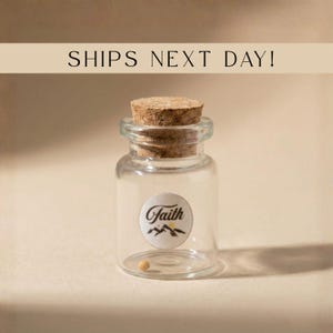 May include: A small, clear glass bottle with a cork stopper. The bottle has a white label with the word "Faith" and a mountain graphic. A single mustard seed is visible inside the bottle.