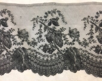 Antique French Silk Ombre Chantilly Bobbin Lace Black Mourning Normandy Roses Flounce Victorian Edwardian Estate Museum Wide Vintage Trim