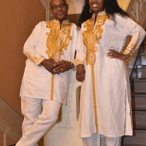 Couples Set White Polished Cotton Couples Outfit With Gold Embroidery, African clothing ,African embroidery, African wedding outfit