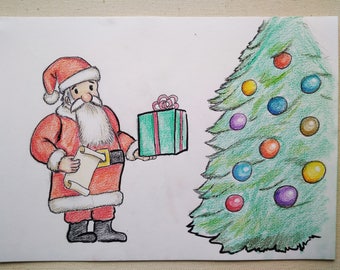 Original Christmas Themed Colored Pencils Drawing Santa