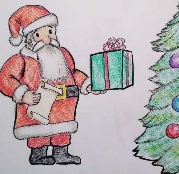 Original Christmas Themed Colored Pencils Drawing Santa Claus And A Christmas Tree Illustration A4 Hand Drawn On Quality French Paper 58 Lb