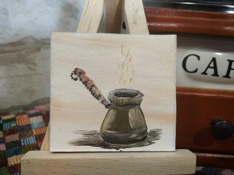 Mini Painting Magnet Cezve Original Handmade Small Oil Painting on primed board miniature coffee maker fine art romantic gift decor