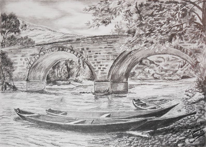 Original Handmade Graphite Pencil Drawing Boats On River Stone Bridge Landscape Fine Art A3 Size Drawing Graphite Pencil