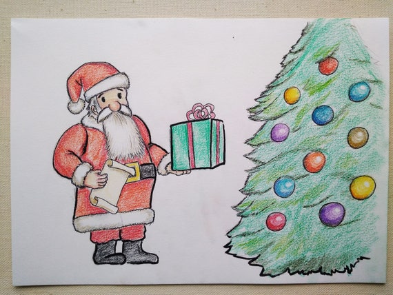 Original Christmas Themed Colored Pencils Drawing Santa Claus And A Christmas Tree Illustration A4 Hand Drawn On Quality French Paper 58 Lb